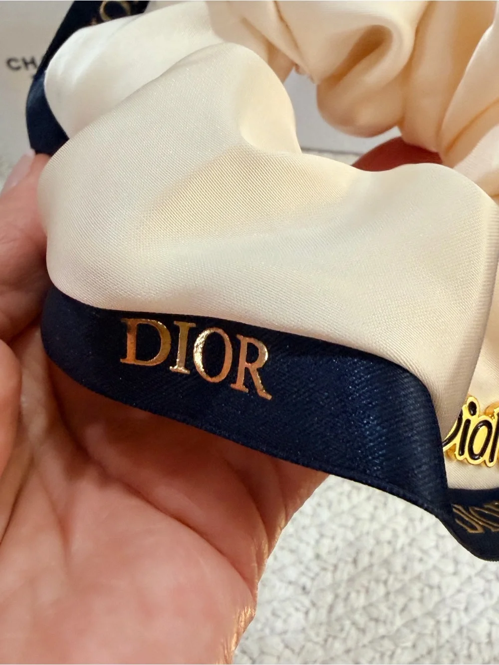 Cream Satin Beaute Scrunchie Navy Logo Hair Tie | NEW